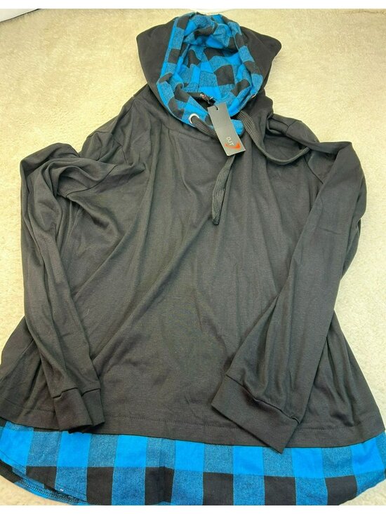 Djt Tops - DJT Womens Hooded Long Sleeve Top Black/Blue Checkered Trim Lightweight Knit New